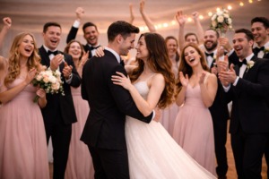 cheer up wedding dance Bride and groom dancing their first dance while the bridal party and guests cheer and clap around them, showing how audience support and encouragement enhance a wedding dance performance.